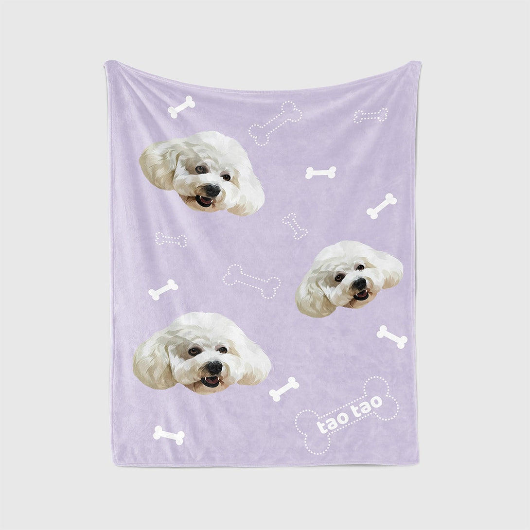 Custom purple blanket featuring portrait of pet and bones, perfect for pet lovers