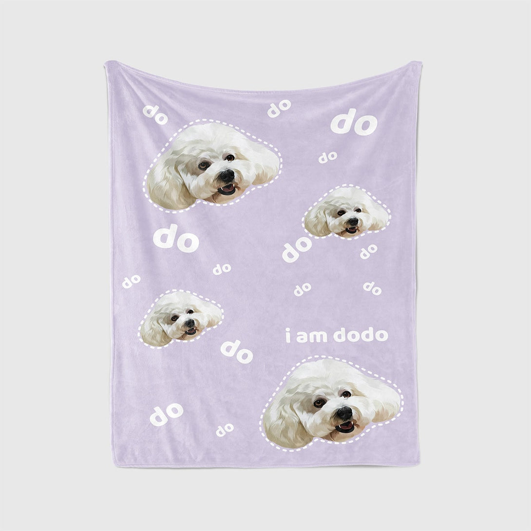Personalized purple blanket featuring portrait of pet and bubble names background, perfect for pet lovers.