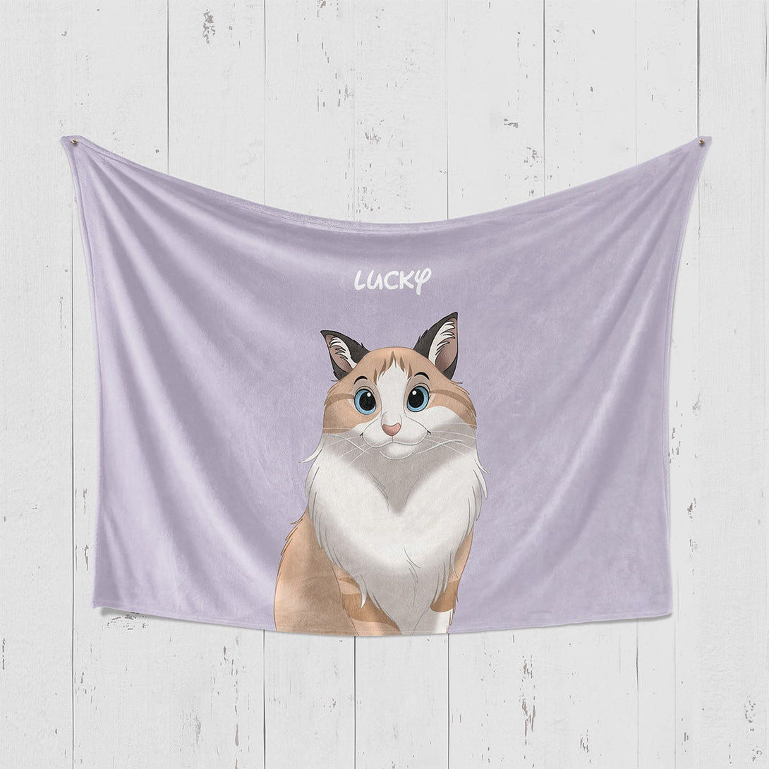 Custom purple horizontal blanket featuring cartoon portrait of pet, perfect for pet lovers