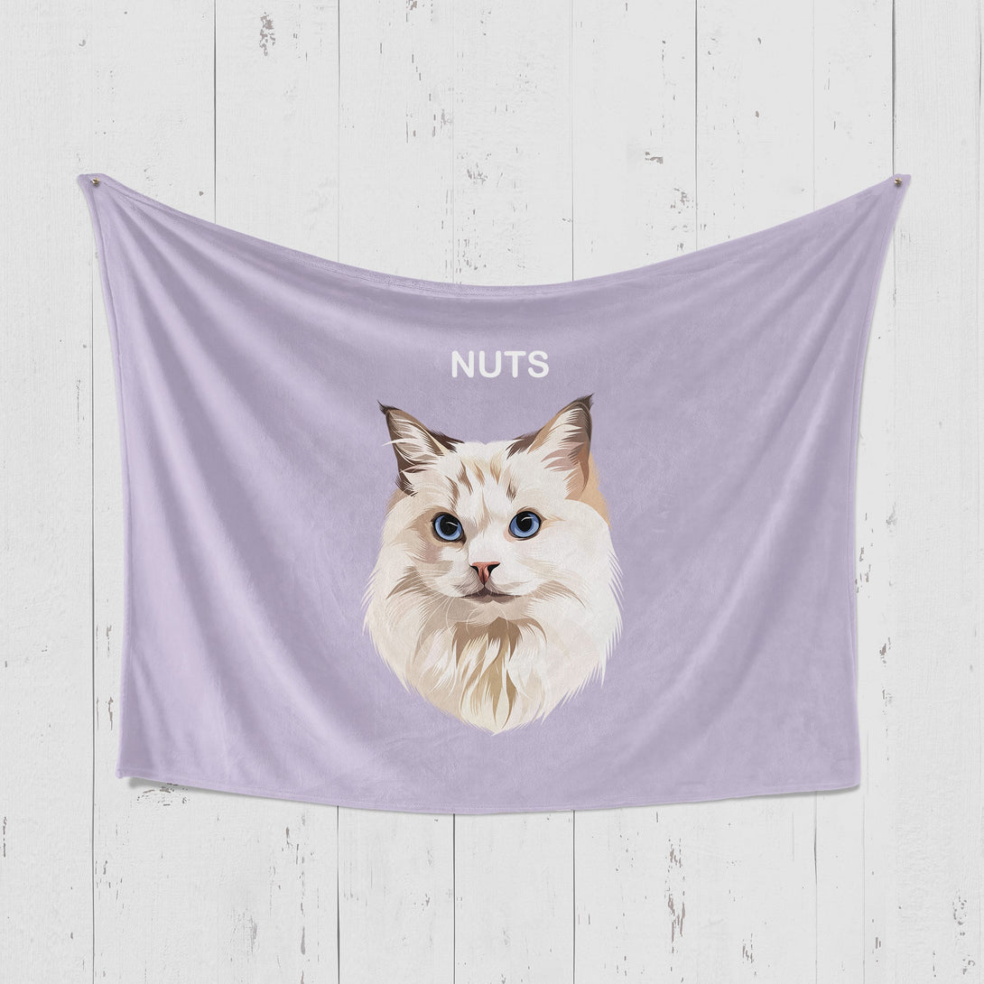 Custom purple horizontal blanket featuring portrait of pet, perfect for pet lovers