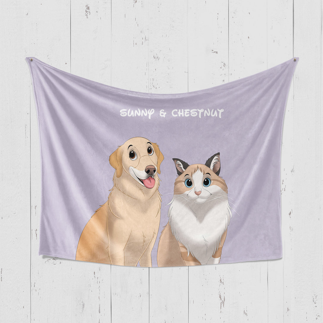 Custom purple horizontal blanket featuring cartoon style portrait of two pets, perfect for pet lovers