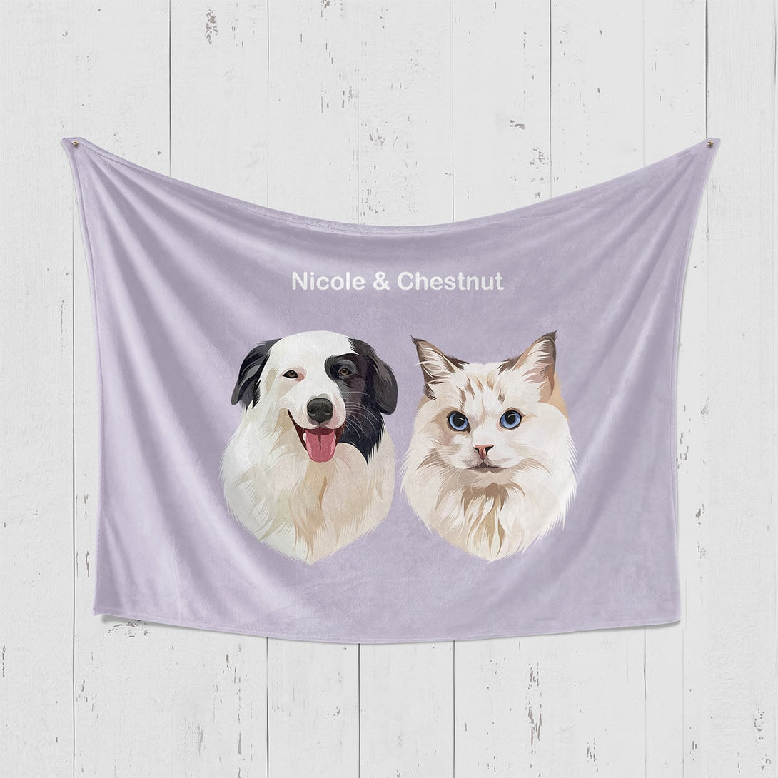 Custom purple horizontal blanket featuring portrait of two pets, perfect for pet lovers