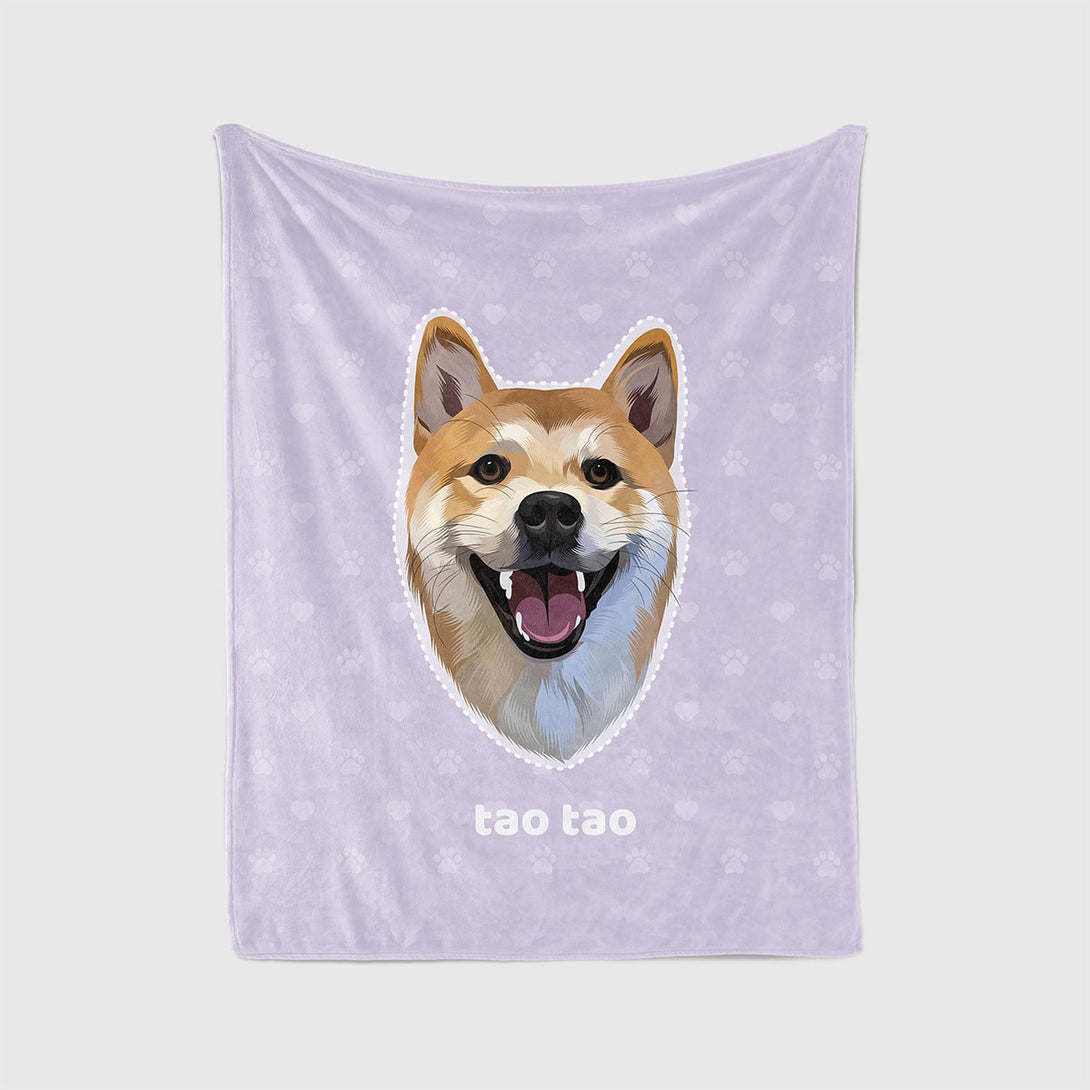 Custom purple blanket featuring portrait of pet and paws, perfect for pet lovers