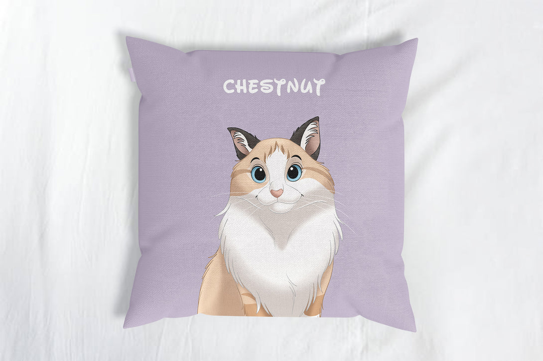 personalized custom purple throw pillow featuring cartoon portrait of pet, perfect for pet lovers