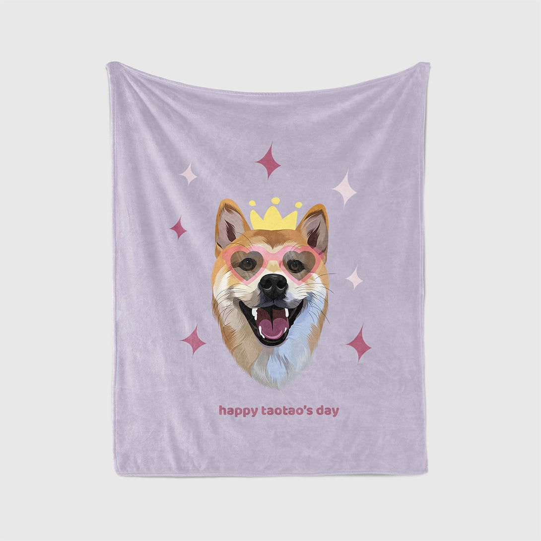 Personalized purple blanket featuring portrait of pet and superstar background, perfect for pet lovers.