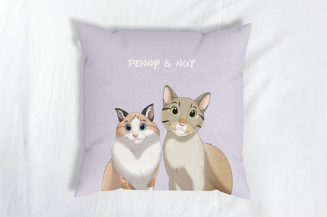 personalized custom purple throw pillow featuring cartoon portrait of two pets, perfect for pet lovers