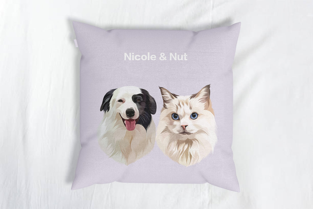 personalized custom purple throw pillow featuring portrait of two pets, perfect for pet lovers