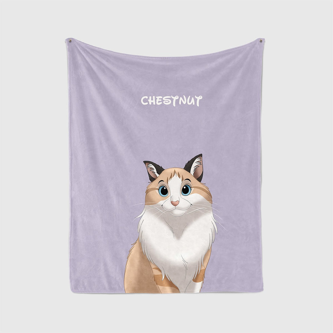 personalized custom purple blanket featuring cartoon portrait of pet, perfect for pet lovers