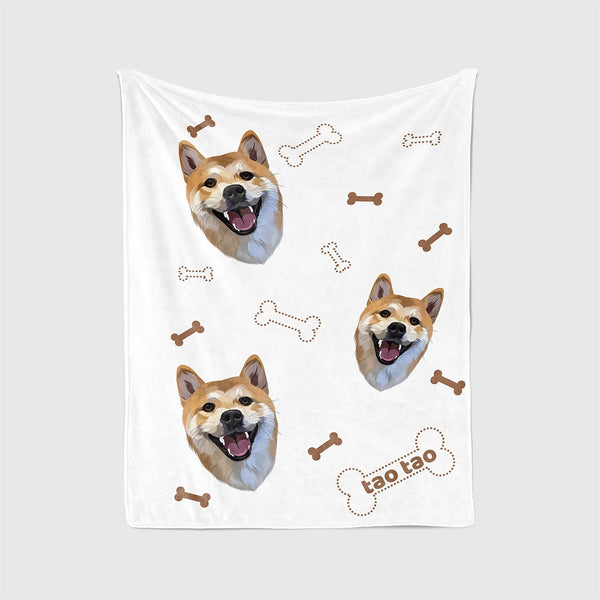 Custom white blanket featuring portrait of pet and bones, perfect for pet lovers
