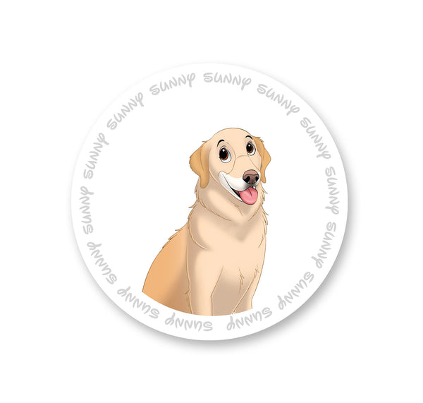 personalized custom white circular name rug featuring cartoon portrait of pet, perfect for pet lovers