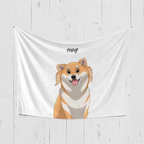 Custom white horizontal blanket featuring cartoon portrait of pet, perfect for pet lovers