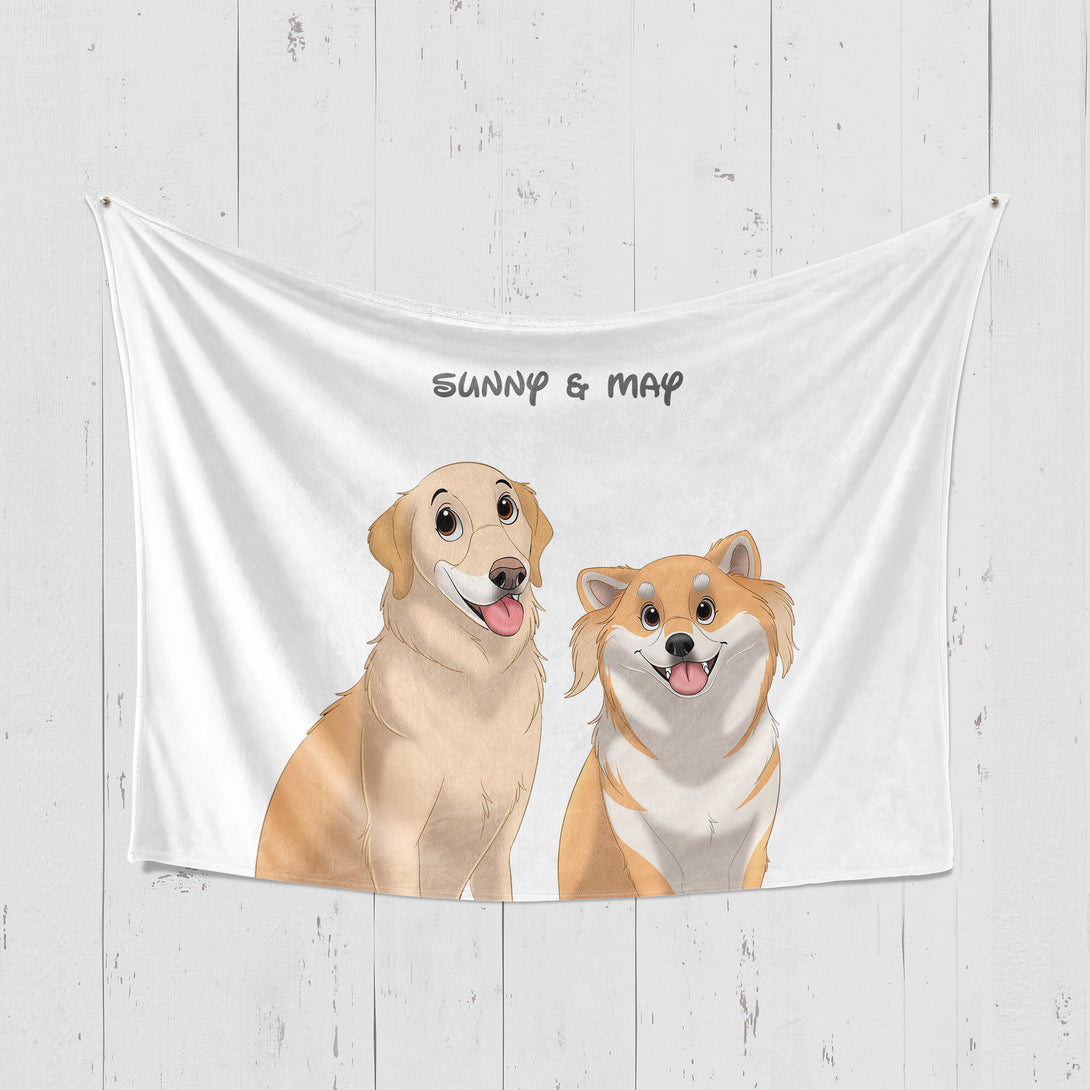 Custom white horizontal blanket featuring cartoon style portrait of two pets, perfect for pet lovers