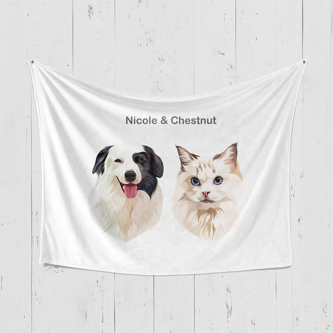 Custom white horizontal blanket featuring portrait of two pets, perfect for pet lovers