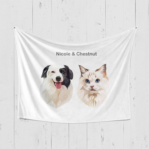 Custom white horizontal blanket featuring portrait of two pets, perfect for pet lovers