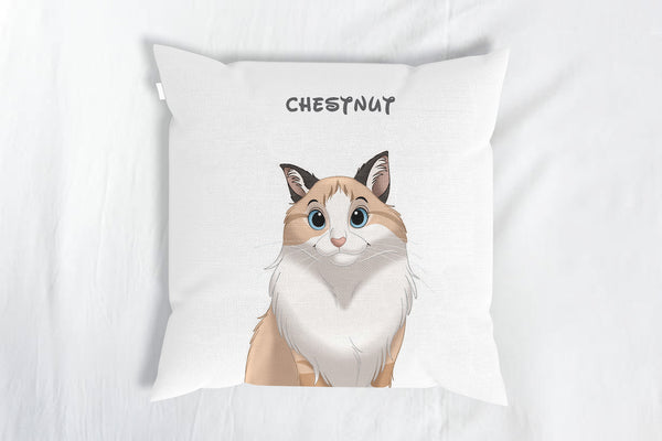 personalized custom white throw pillow featuring cartoon portrait of pet, perfect for pet lovers