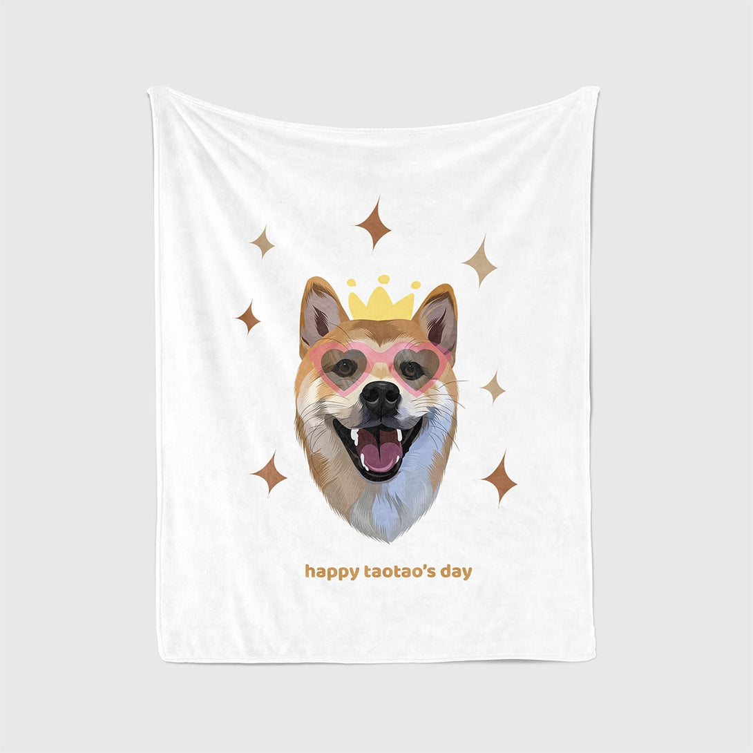 Personalized white blanket featuring portrait of pet and superstar background, perfect for pet lovers.