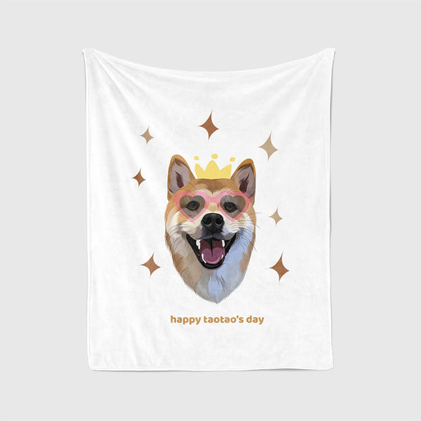 Personalized white blanket featuring portrait of pet and superstar background, perfect for pet lovers.