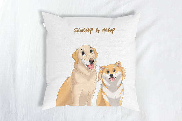 personalized custom white throw pillow featuring cartoon portrait of two pets, perfect for pet lovers