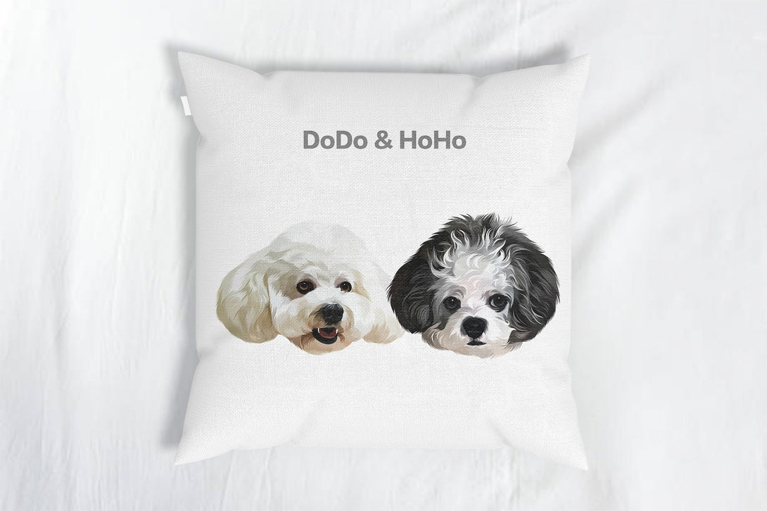 personalized custom white throw pillow featuring portrait of two pets, perfect for pet lovers