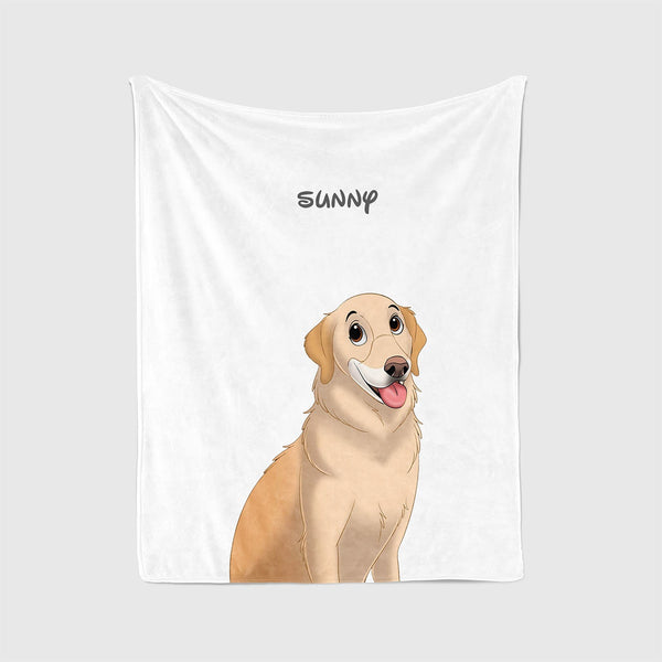 personalized custom white blanket featuring cartoon portrait of pet, perfect for pet lovers.