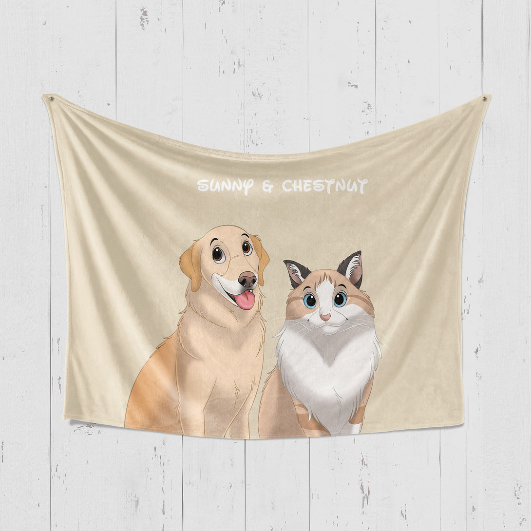 Custom yellow horizontal blanket featuring cartoon style portrait of two pets, perfect for pet lovers
