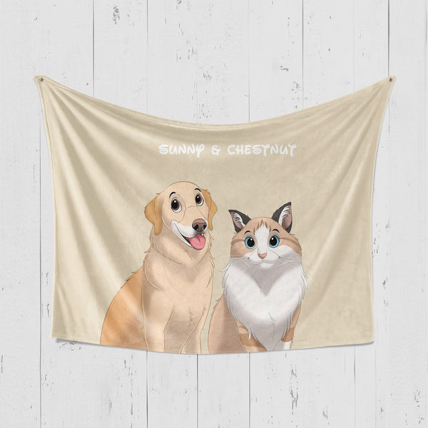 Custom yellow horizontal blanket featuring cartoon style portrait of two pets, perfect for pet lovers