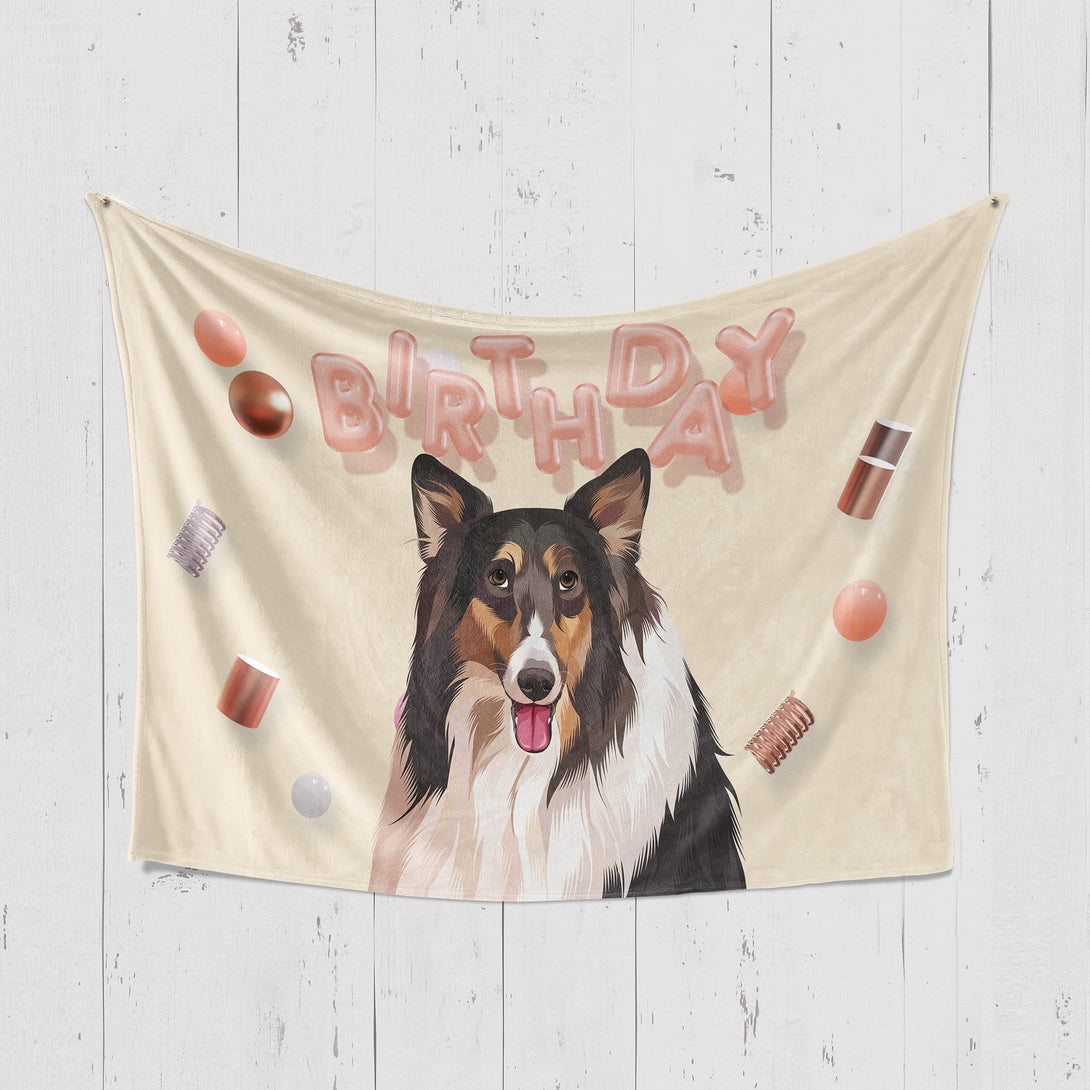 Custom yellow birthday blanket featuring portrait of pet, perfect for pet lovers