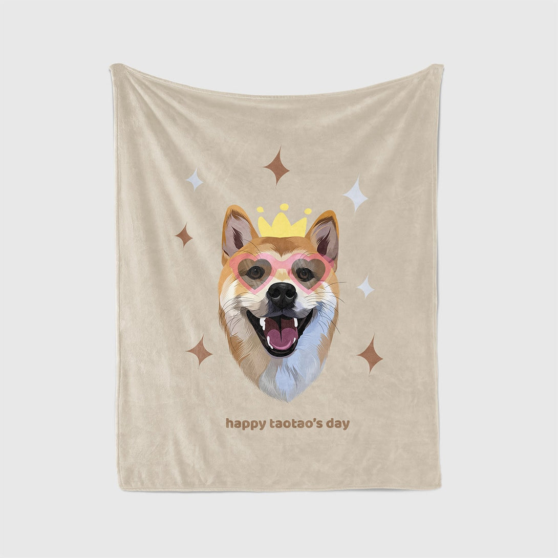 Personalized yellow blanket featuring portrait of pet and superstar background, perfect for pet lovers.